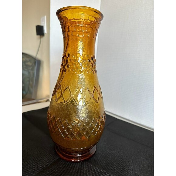 Amber Vase Vintage Large Bubble Double Diamond Design Retro 12" x 4" - Picture 4 of 5